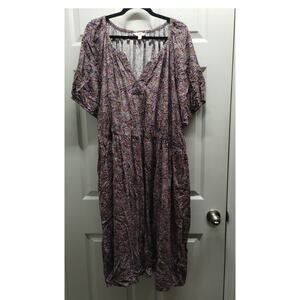 Terra & Sky Size 4X (28/30W) Purple Brown Butterfly Marks Split Neck Midi Dress